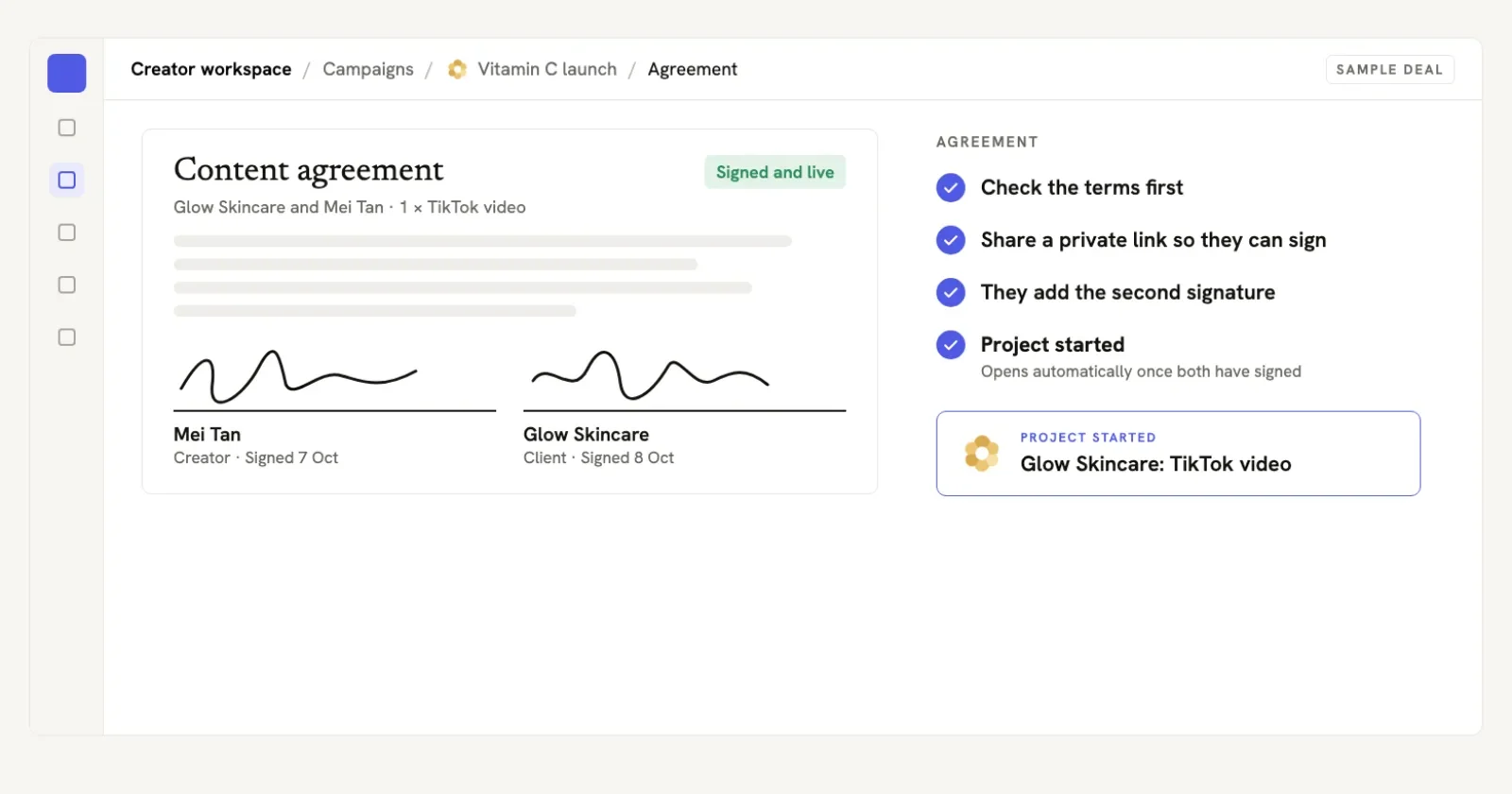 A content agreement in The Creator List signed by both the creator and the client, with a checklist showing the project has started