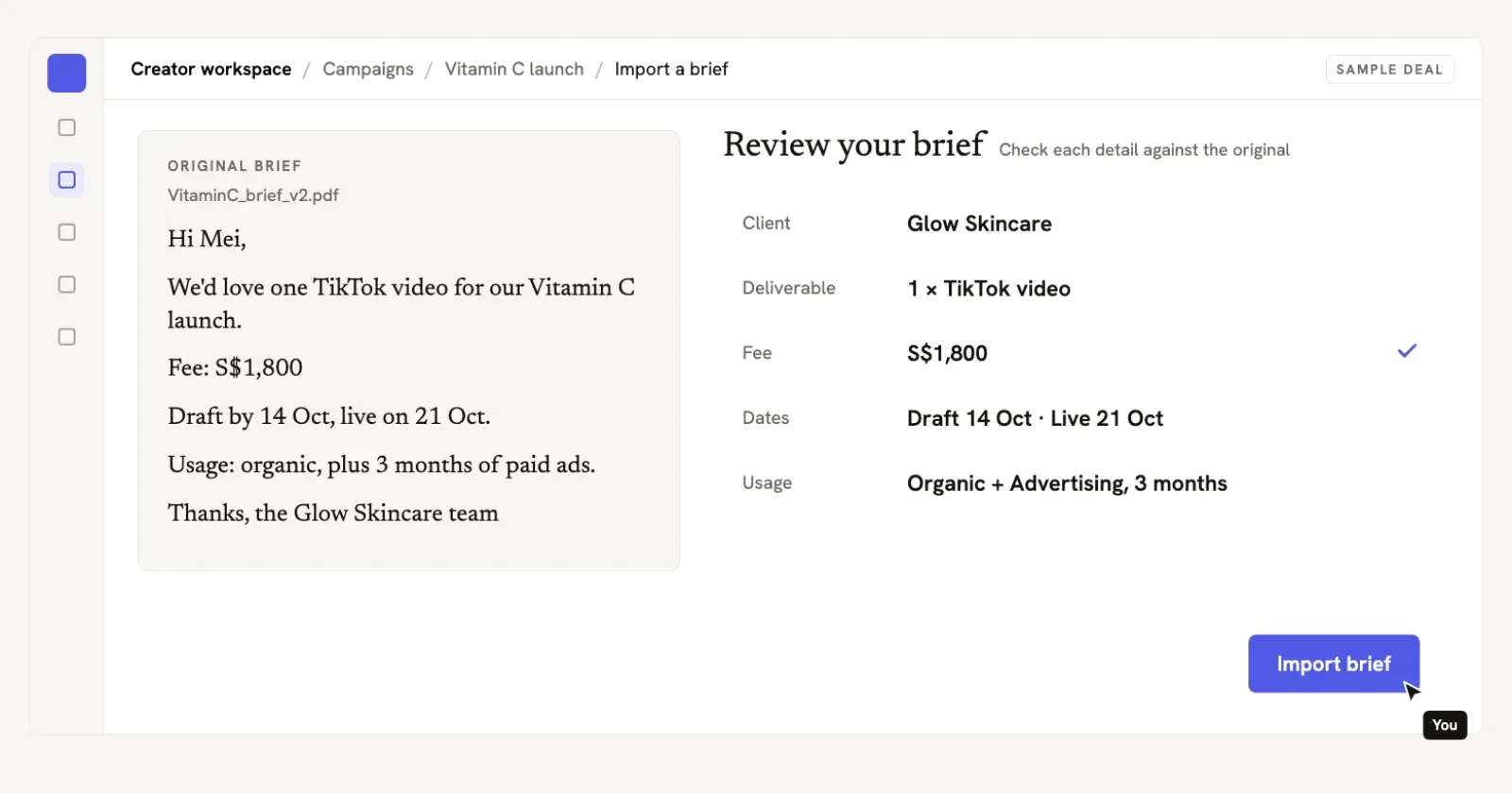 A brand brief imported into The Creator List, split into one TikTok video with its fee, dates and usage