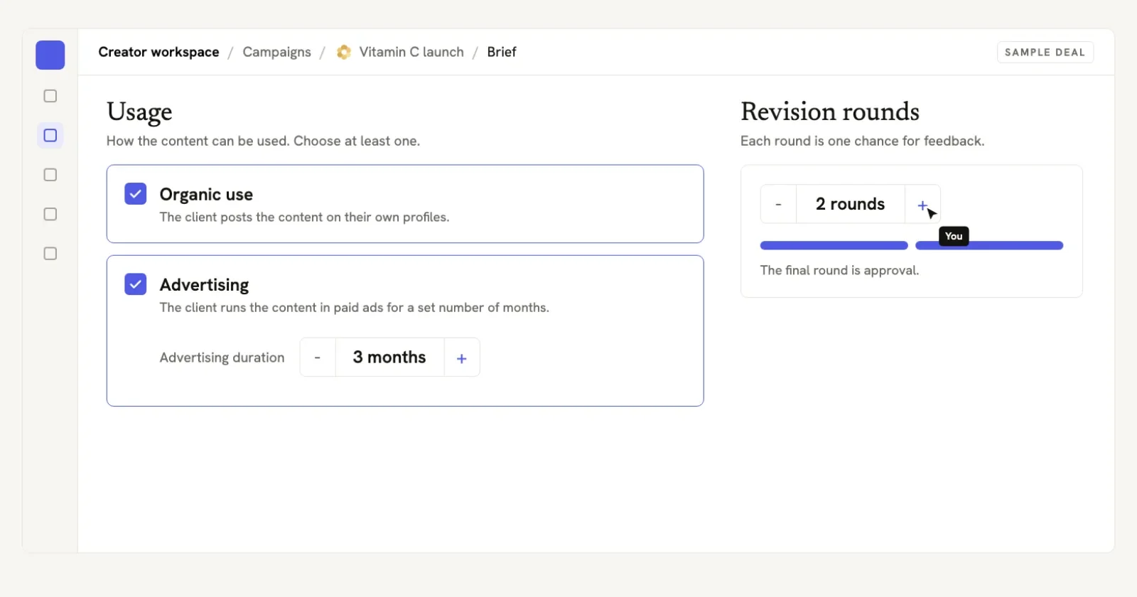Usage rights and revision limits recorded against a deal